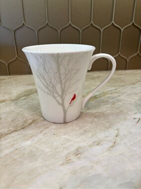 Set of 8. White Porcelain Mugs with Silver Tree and Red Cardinal Detail